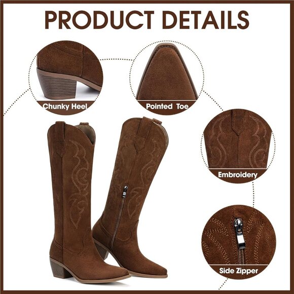 Women's White Cowboy Boots for Wide Calf Rhinestone Knee High Western Tall Boots - Picture 4 of 5